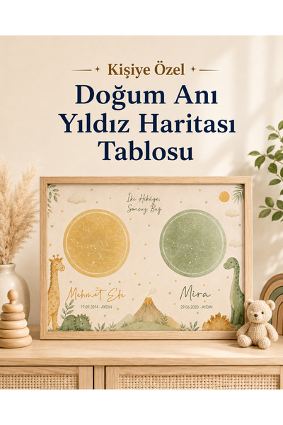 Kişiye Özel İki Kardeş Doğum Anı Yıldız Haritası Tablosu – Dinozor Temalı Çocuk Odası Tablosu
