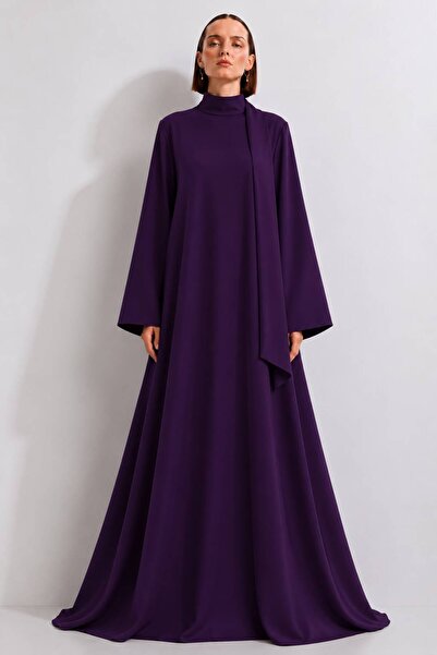 ROLLINDA STUDIO Yakadan Sabit Şal Detaylı A-Kesim Maxi Krep Şık Abaya Elbise