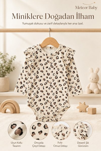 METEOR BABY Baby Girl Long Sleeve Bodysuit - Leopard Patterned Shoulder Ruffle Detailed Snap Fastener Bodysuit
