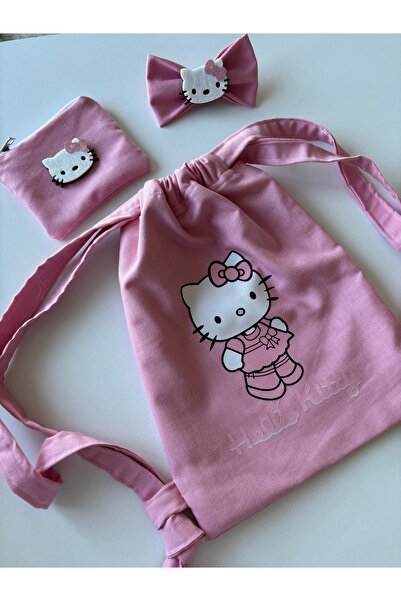 Hello Kitty El Emeği Baskılı Çanta,Cüzdan,Toka Set