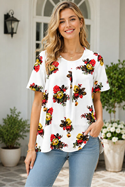 IŞILTI Women's Round Neck Short Sleeve Front Pleated Floral Print Elegant Flo...