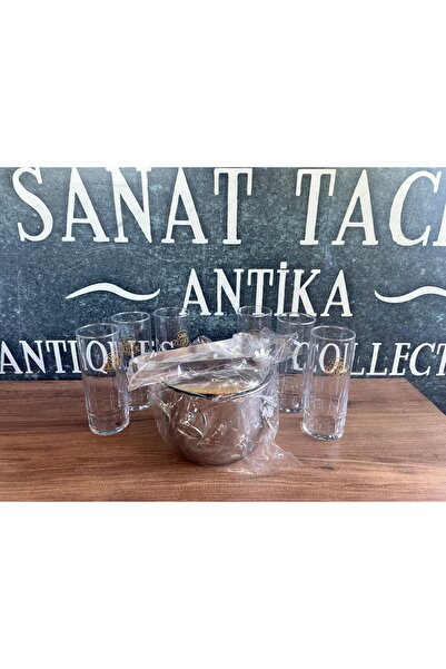 SANAT TACİRİ 6 ADET SARI ZEYBEK RAKI BARDAĞI BİR ADET ÇALİK BUZ KOVASI MAŞA H...