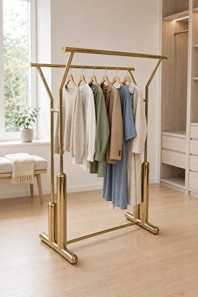 MODELPAZAR Elbise Askı Stand Gold Renk Kaplama Çift Yönlü Butik Orta Standı v...