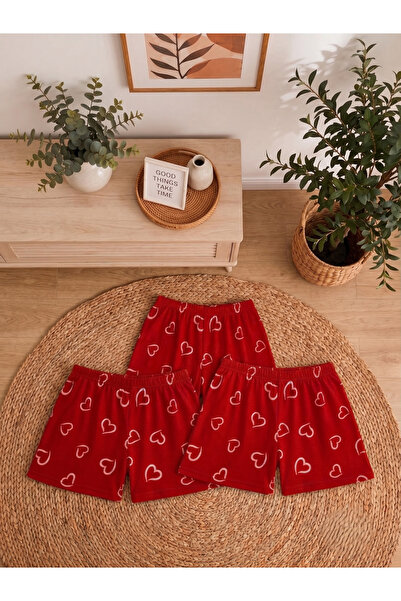 Lres 3'lü Kadın Kırmızı Kalp Desenli Pijama Altı Rahat Yazlık Ev Şortu
