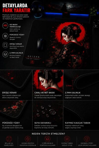 Lord Mountain 50x40 Dijital Tasarımlı Oyuncu Mouse Pad – Kaymaz Taban – Dikişli Kenar – Gaming Mouse Pad Geisha