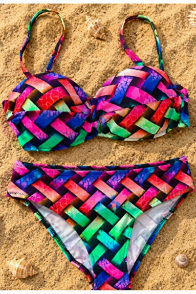 Generic Brand Costum de baie damă 2 piese cu imprimeu geometric multicolor, m...