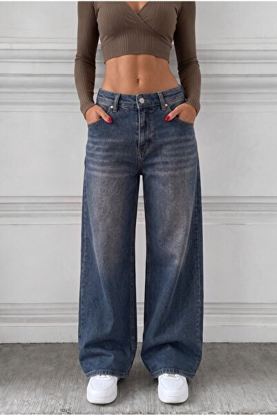alanora Women's Washed Effect Wide Leg Cut Dark Navy Blue Jean Trousers