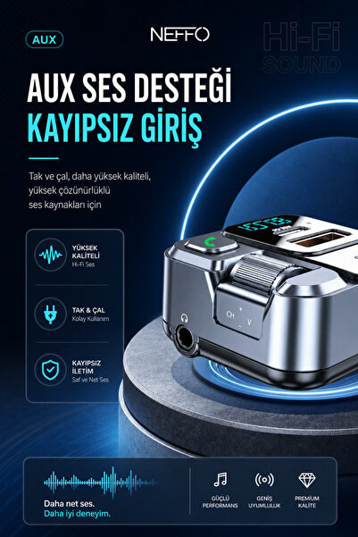 NEFFO Bluetooth 5.3 FM Transmitter Araç Çakmaklık Şarj Cihazı PD 20W Type-C USB Hızlı Şarj AUX Eller Serbest Konuşma Dijital Göstergeli