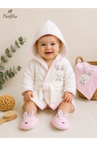 Panfilia 100% Cotton Baby Kids 0-2 Years Old Towel Bathrobe Slippers Set of 4