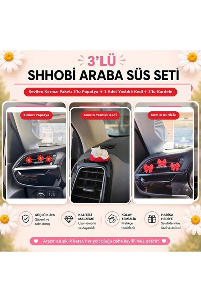SHHOBİ 3'lü Kırmızı Konsept Araba Süs Seti: 3 Papatya + 3 Kurdele Klima Süsü ...
