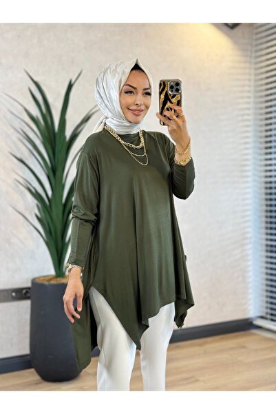 ALANURMODA 24278 Combed Cotton Tunic with Side Slits Khaki