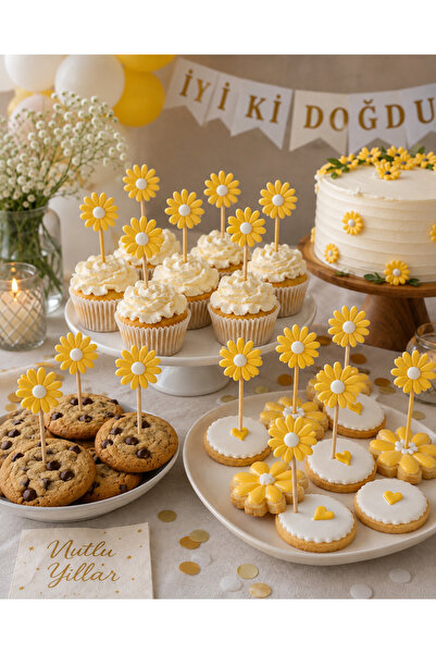 GEDİZ PRİNTER Sarı Papatya Cupcake Kurabiye Kürdanı 10 Adet – Doğum Günü ve P...