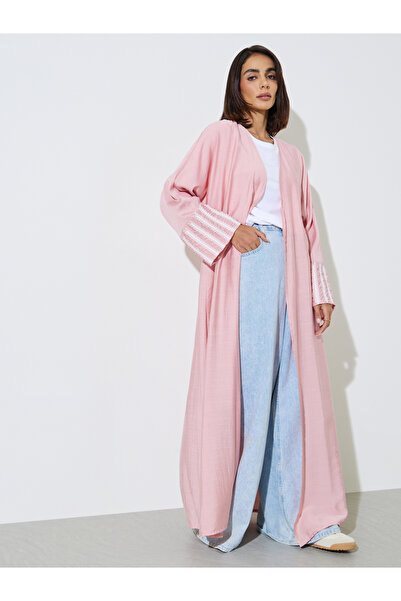 Amirah By Styli Pink Embroidered Batwing Sleeves Open Front Abaya