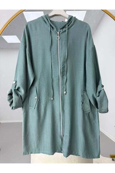 modasindoma Hooded Zippered Sleeve Epaulet Detailed Cap Turquoise