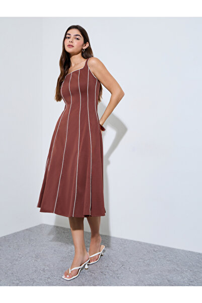 Styli Brown Piping Detail Square Neck A-Line Midi Dress
