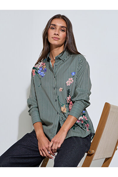 Styli Black Striped Oversized Shirt with Floral Print