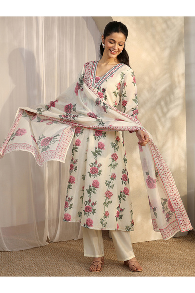 Libas By Styli Off White Printed Kota A-Line Kurta, Trousers and Dupatta Set