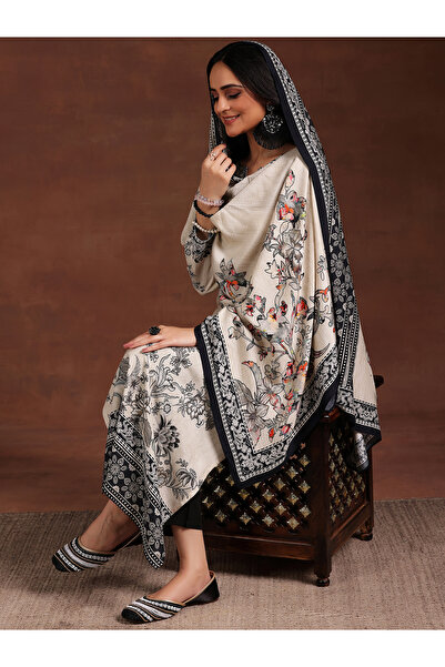 Libas By Styli White Printed Silk Blend Straight Kurta, Trousers and Dupatta Set