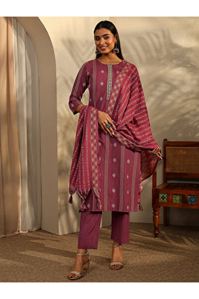 Libas By Styli Maroon Printed Cotton Blend A-Line Kurta and Trousers Set and ...