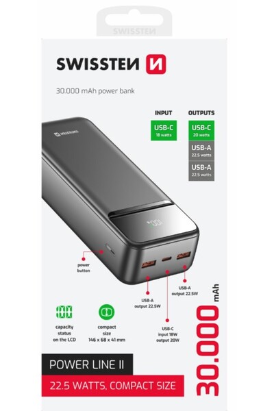 SWISSTEN Powerbank compact 30000 mAh 22.5W USB-C USB-A