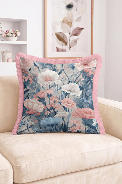 Realhomes Pastel Floral and Leaf Pattern Throw Pillow Cover with Fringe Moder...