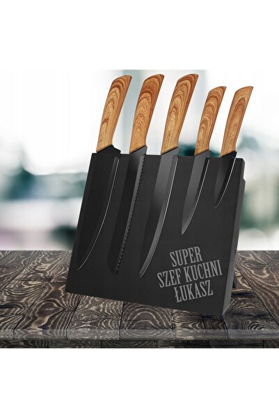 NO BRAND Set de cuțite 5 piese cu bloc magnetic negru, elegant, 6 elemente