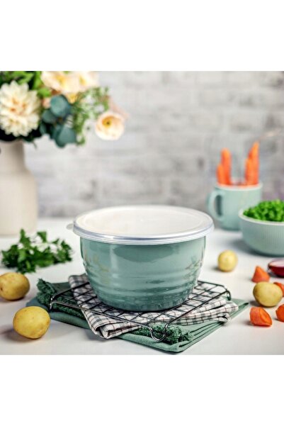 NO BRAND Bol emailat Metalac de 1,7L cu capac, verde, pentru alimente, frigid...