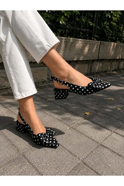 asmi shoes Women's Mina Black Satin Polka Dot Bow Detailed Open Back 4 cm Hee...