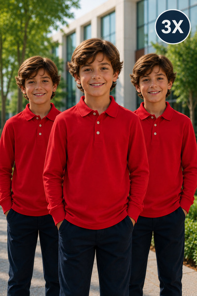 Yalçınoğlu Kids 3 قطع من تي شيرت مدرسي فاخر للأولاد بياقة بولو 100% قطن بأكما...