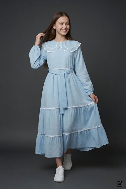 Cansın Mini Blue Girls' Lace Detailed Double Collar Polka Dot Long Dress 24755