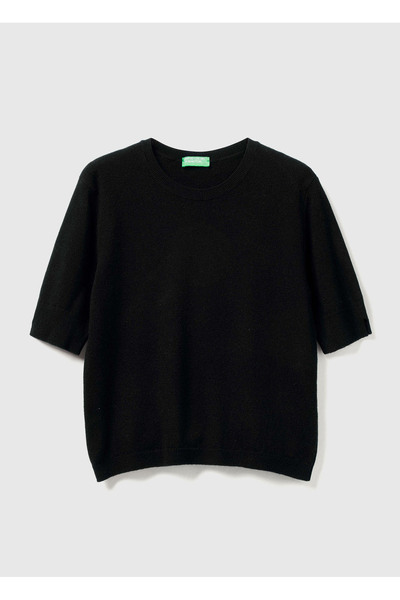 United Colors of Benetton سترة نسائية سوداء 100% ميرينو برقبة دائرية وأكمام ق...