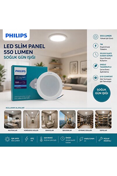 Philips LED Slim Panel 7W 550LUMEN 20.000 Saat Ömür Yuvarlak Sıva Altı