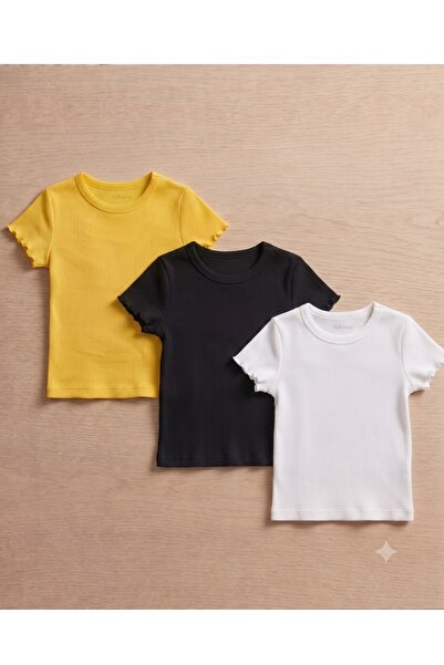 Kyex Kids Girls 3-Piece Ecovero Ribbed T-Shirt Set - White-Black-Yellow 3-12 ...