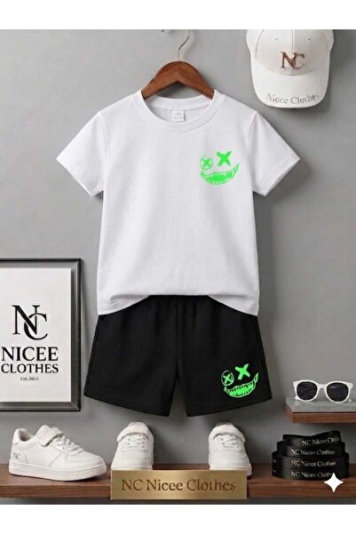 Leto Lykia Summer Children's T-Shirt Shorts Unisex (Green Sulet Printed)