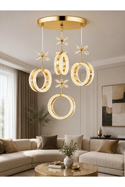 KKG ELEKTRİK Flora 4’lü Kristal Taşlı LED Avize Gold Modern Sarkıt Salon Avizesi