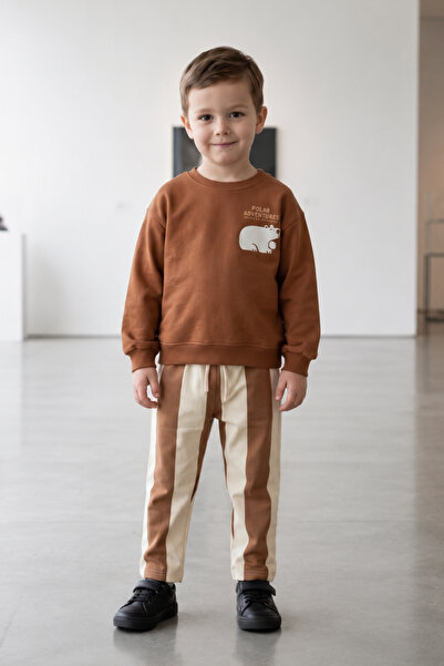 Zekalya Boy's Polar Bear Printed Two-Thread Brushed Striped Tracksuit Set
