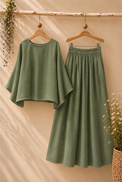 KÜÇÜĞÜM BUTİK Khaki Green Casual Muslin Blouse and Flared Skirt Set (Set of 2)