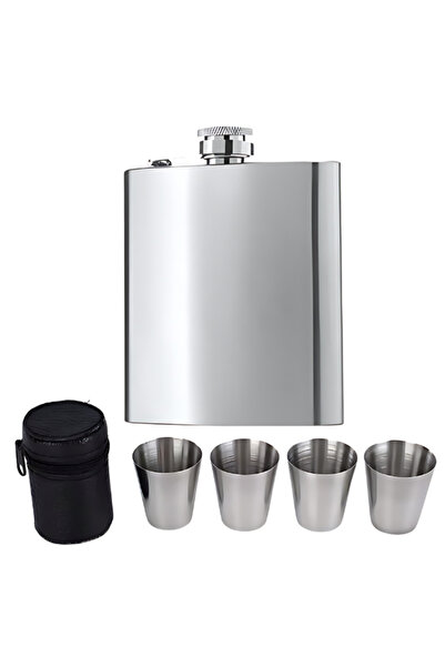 OEM Ploscă de șold argintie de 220 ml cu 4 pahare de 30 ml
