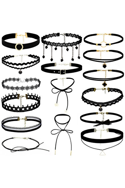 VeeShop Set of 16 choker necklaces, Velvet, lace, flowers, bow, triangle