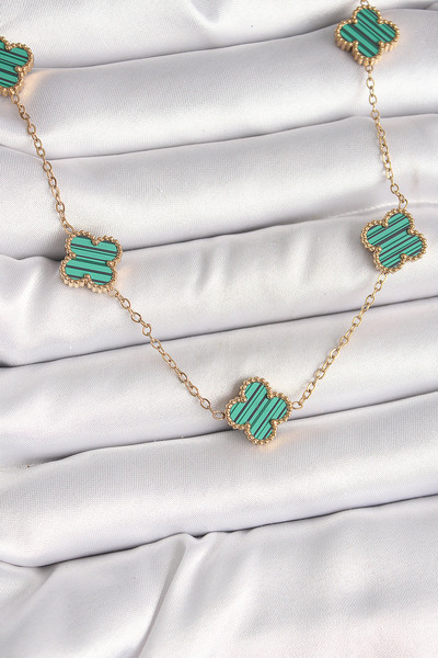 Clariss 316L Steel Gold Color Chain Green Clover Model Women's Necklace