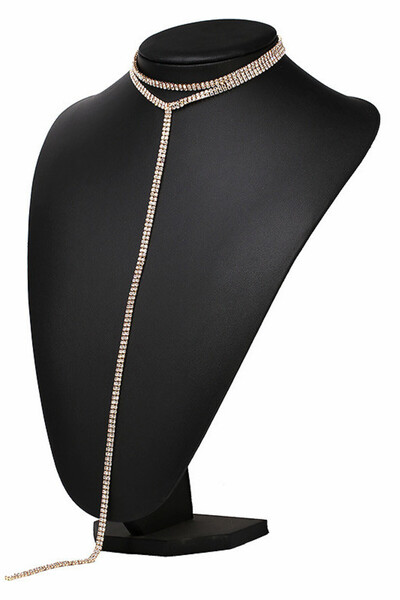 VeeShop Set 2 coliere choker inguste, sir dublu de cristale, cu fir lung - Auriu