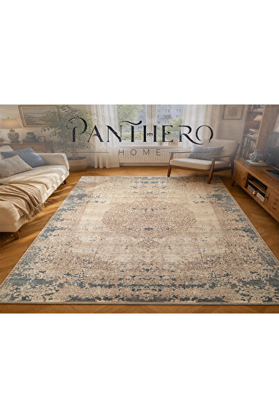 Panthero Home Krem Mavi Vintage Desenli Kaymaz Taban Süngerli Yıkanabilir Halı