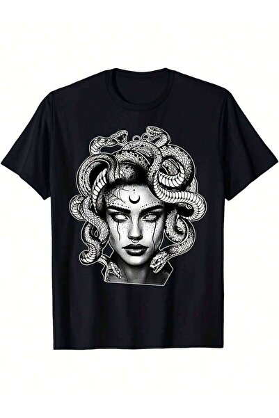 NOURAM Medusa Greek Mythology T-Shirt Black White Snake Hair Gorgoneion Desig...