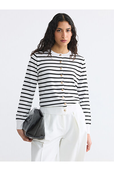 LC Waikiki Crew Neck Striped Women's Knitwear Cardigan