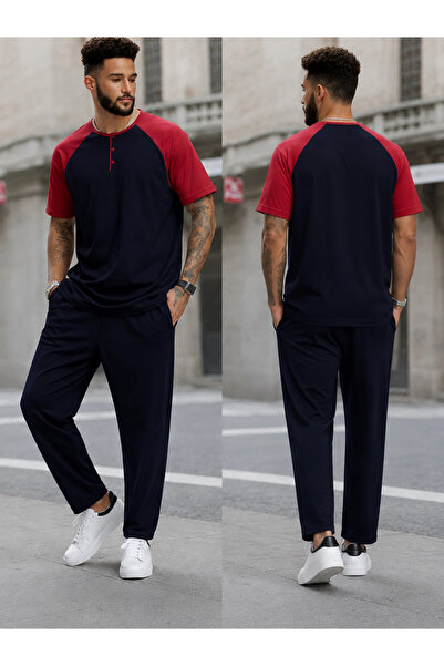 SOFT AURA Men's Short Sleeve Pajama Set Half Buttoned Top Navy Blue Sleeve Red