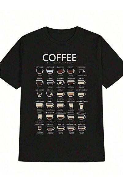 9JY Complete Of Coffee Variety Icons Print On Men'S Casual Round-Neck-Shirt, ...