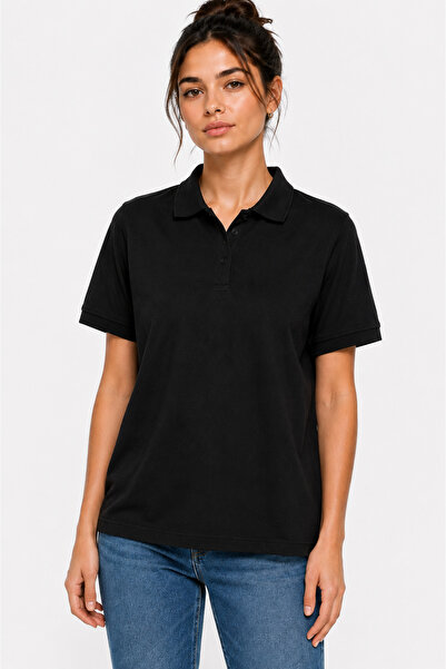 KaeLaurean Women's Black Polo Collar T-Shirt – Cotton, Soft Texture, Short Sl...