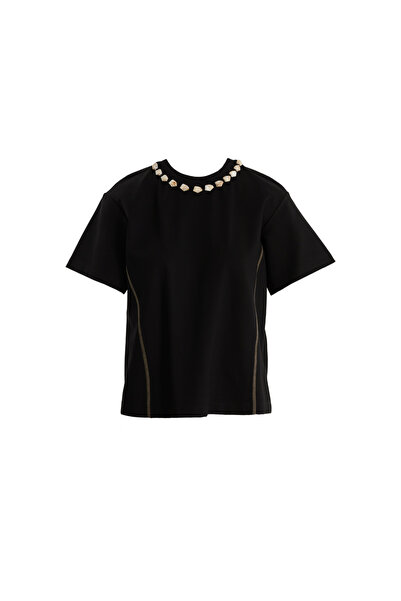 GİZİA Dikiş Detaylı İşlemeli Siyah T-Shirt