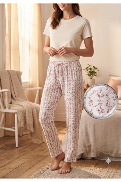 Serena Pantaloni de pijama de dama ALB cu flori MICI ROZ