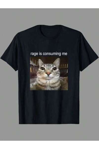 9JY تي شيرت مطبوع عليه عبارة "Rage Is Consuming Me Silly Staring Cat Meme"، ق...